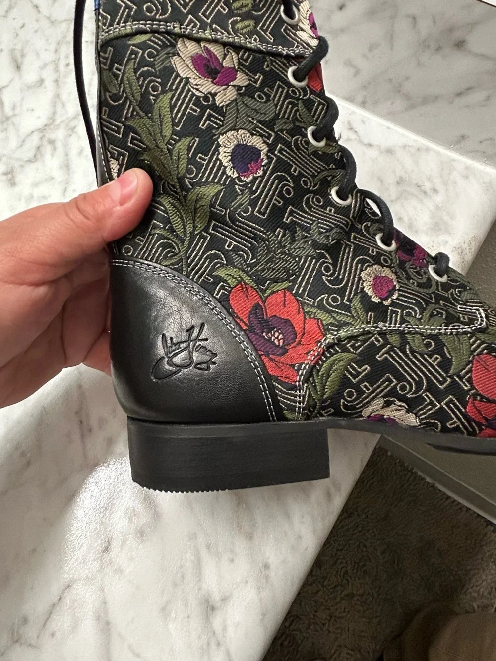 New John Fluevog Black Lace-Up Boots with Red and Purple Floral Embroidery - Picture 6 of 13